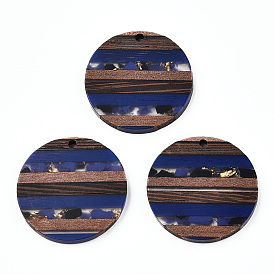 Transparent Resin & Walnut Wood Pendants, with Gold Foil, Flat Round Charm