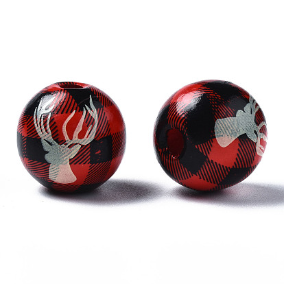 Painted Natural Wood European Beads, Large Hole Beads, Printed, Christmas, Round with Reindeer