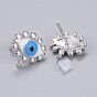 Brass Stud Earring Findings, with Enamel and Plastic Ear Nuts, Long-Lasting Plated, Evil Eye
