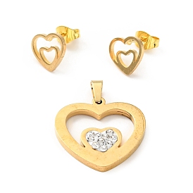 Double Heart Stud Earrings with 316 Stainless Steel Pins and Crystal Rhinestone Pendant, Vacuum Plating 201 Stainless Steel Jewelry Set