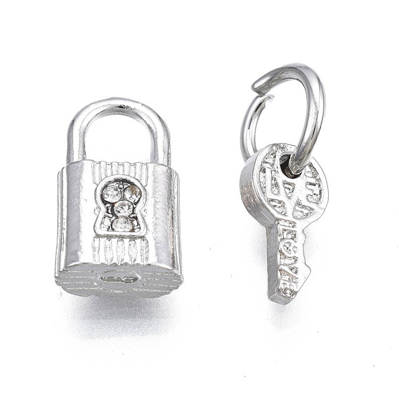 Rack Plating Alloy Charms Set, with Crystal Rhinestone and Jump Ring, Large Hole Pendants, Cadmium Free & Nickel Free & Lead Free, Pad Lock and Key