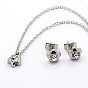 304 Stainless Steel Rhinestone Flower Jewelry Sets, Ear studs and Necklaces, with Lobster Claw Clasps, 17.3 inch, Pin: 0.7mm