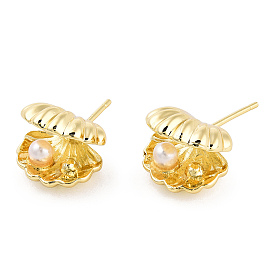 Boucles d'oreilles en forme de coquillage/pétoncle avec perles naturelles et épingles en argent sterling, bijoux en laiton pour femmes