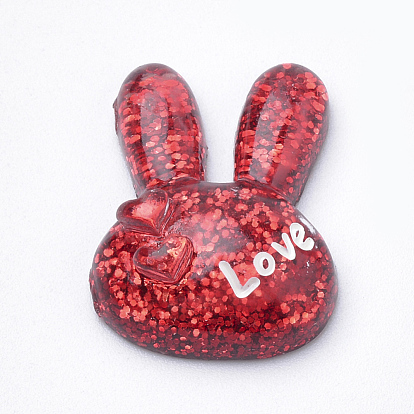 Bunny Resin Cabochons, with Glitter Powder, Rabbit Head with Heart & Word Love