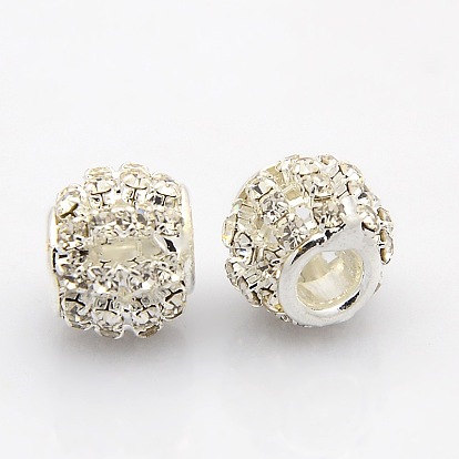 Alliage d'argent plaqué couleur argent grade a strass perles européennes, Perles avec un grand trou   , rondelle, 12x10mm, Trou: 4mm