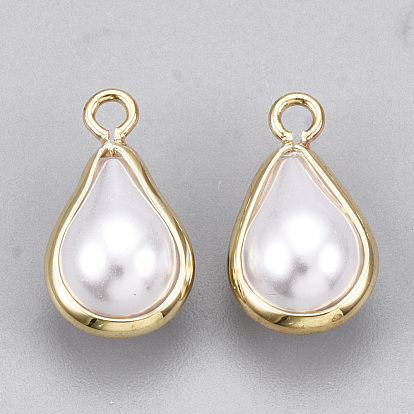 ABS Plastic Imitation Pearl Pendants, with Brass Findings, Drop, Real 18K Gold Plated