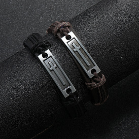 Alloy Rectangle with Cross Link Bracelet, Imitation Leather Cord Adjustable Bracelet for Women