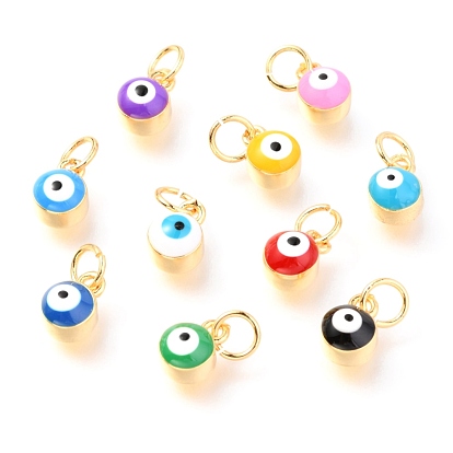 Brass Enamel Pendants, Long-Lasting Plated, Real 18K Gold Plated, with Jump Rings, Column with Evil Eye