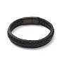 Black Leather Braided Cord Bracelet with 304 Stainless Steel Magnetic Clasps, Flat Punk Wristband for Men Women