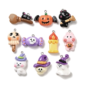 Rabbit/Ghost/Hat/Candy/Cat Shape/Pumpkin/Skull Opaque Resin Pendants, Halloween Charms with Platinum Tone Alloy Loops
