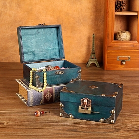 Retro Wood Jewelry Storage Box with Lock, Plywood Jewelry Necklace Bracelet Earring Box, Rectangle