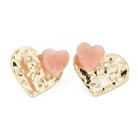 Pink Resin Heart Front Back Stud Earrings, Rack Plating Brass Jewelry for Women, Cadmium Free & Lead Free & Nickle Free