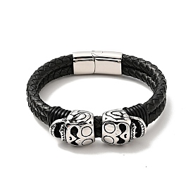 304 Stainless Steel Skull Beaded Double Loops Multi-strand Bracelet with Magnetic Clasp, Gothic Bracelet with Leather Cord for Men Women