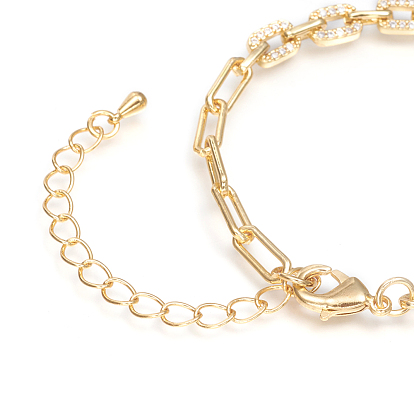 Brass Paperclip Chains Bracelets, with Clear Cubic Zirconia and Lobster Claw Clasps, Long-Lasting Plated