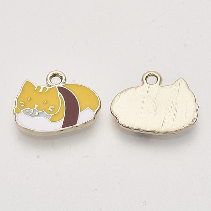 Alloy Enamel Kitten Pendants, Light Gold, Cat with Sushi Shape