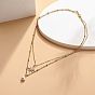 Brass Cable Chains & 304 Stainless Steel Satellite Chains Double Layered Necklace, Shell Pearl & Cubic Zirconia Star Pendants Necklace for Women