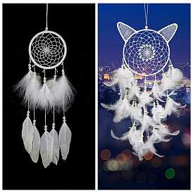 Luminous Woven Net/Web with Feather Wind Chimes, with Iron Findings, Glow in the Dark, for Home Hanging Ornament