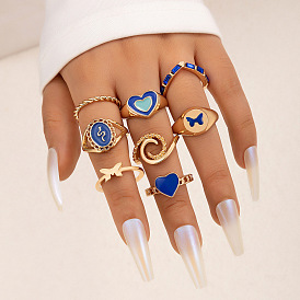 Geometric Heart Butterfly Diamond Ring Set - 8 Pieces of Sweet Oil Drip Jewelry