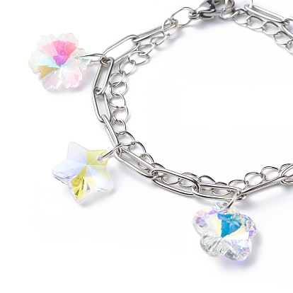 Bracelet multirang fleur & étoile & feuille & croix avec strass colorés, 304 bracelet double couche de chaînes en acier inoxydable pour femme
