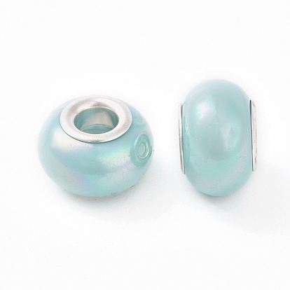 Résine perles européennes, Perles avec un grand trou   , imitation porcelaine, avec noyau en laiton plaqué platine, rondelle