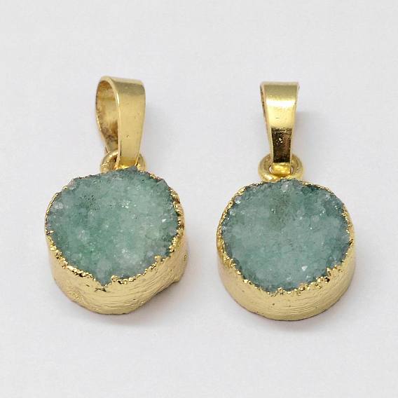 Electroplated Natural & Dyed Druzy Agate Pendants, with Golden Plated Brass Findings, Flat Round