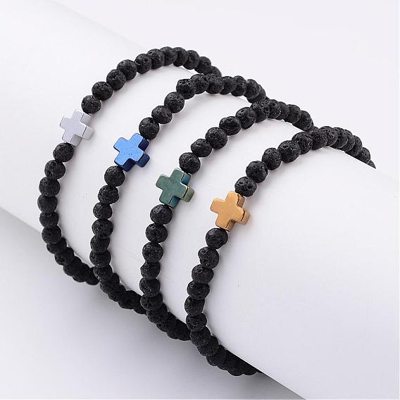 Natural Lava Rock Stretch Bracelets, with Electroplate Non-magnetic Synthetic Hematite Beads