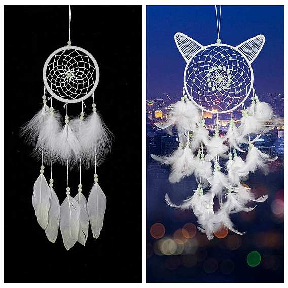 Luminous Woven Net/Web with Feather Wind Chimes, with Iron Findings, Glow in the Dark, for Home Hanging Ornament