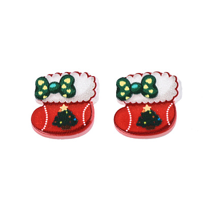 Printed Acrylic Cabochons, with Glitter Powder, Christmas Style, Christmas Sock