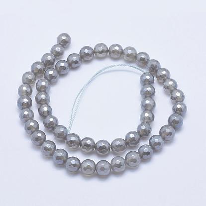 Electroplated Natural Grey Agate Beads Strands, Faceted, Round