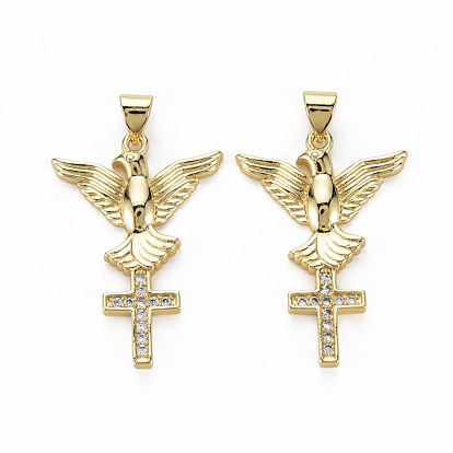 Brass Micro Pave Clear Cubic Zirconia Pendants, Nickel Free, Eagle with Cross