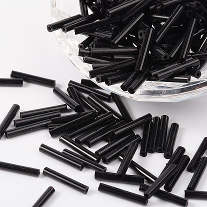 Glass Bugle Beads, Black, 12~15x2.5mm, Hole: 0.5mm, about 3500pcs/one pound