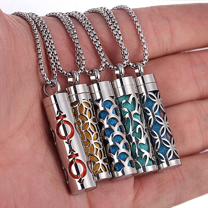 Titanium Steel Perfume Bottle Necklaces, Column with Aromatherapy Cotton Sheet Inside Necklace