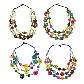Dyed Natural Coconut Beaded 3 Layer Necklaces, Bohemian Jewelry for Women
