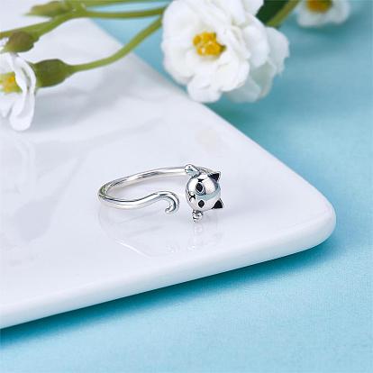 925 Sterling Silver Cute Cat Ring Adjustable Half Open Ring Platinum Plated Ring Zircon Finger Ring Lovely Animal Jewelry Gift for Women