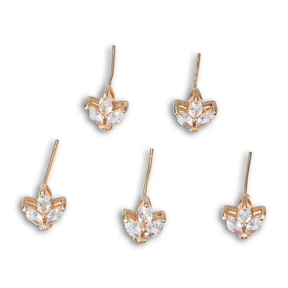 Brass Pave Clear Cubic Zirconia Stud Earring Findings, with Light Gold Plated Brass Pins and Horizontal Loops, Flower, Cadmium Free & Lead Free
