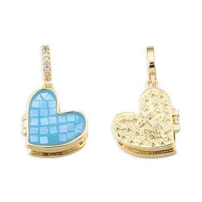 Brass Micro Pave Clear Cubic Zirconia Locket Pendants, with Natural Abalone Shell/Paua Shell, Dyed, Nickel Free, Real 18K Gold Plated, Heart Charm
