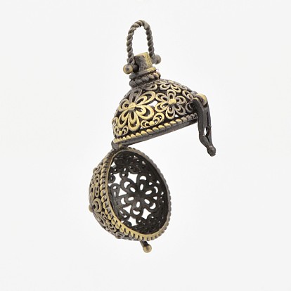 Vintage Filigree Round Brass Cage Pendants, For Chime Ball Pendant Necklaces Making, 35mm, 28x25x21mm, Hole: 6x6mm