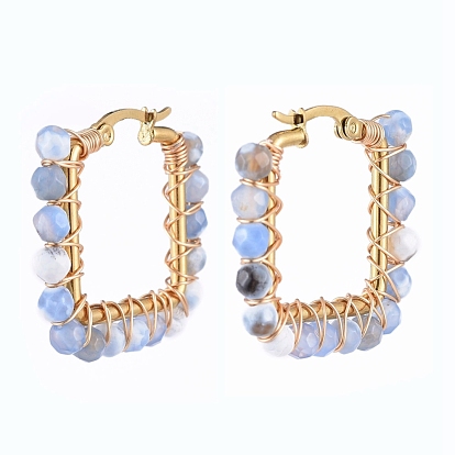 201 Stainless Steel Hoop Earrings, Beaded Hoop Earrings, with Natural Gemstone Beads, Rectangle, Golden