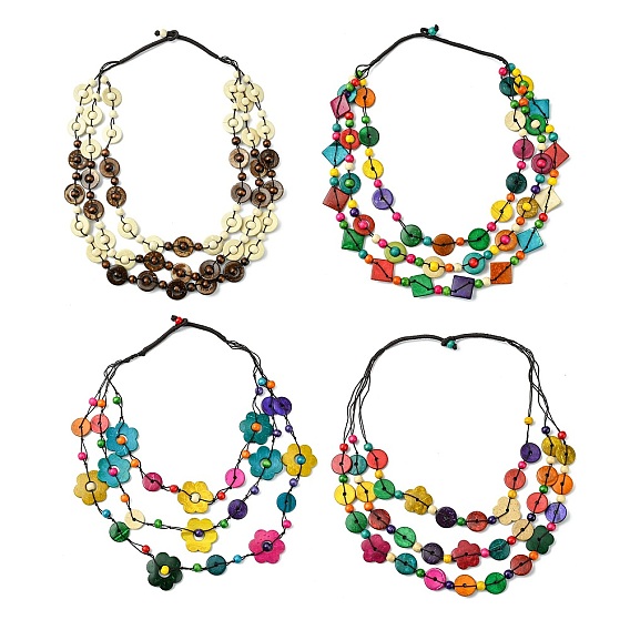 Dyed Natural Coconut Beaded 3 Layer Necklaces, Bohemian Jewelry for Women