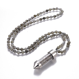 Collier pendentif pierre naturelle, avec des perles en verre et des accessoires en laiton, balle