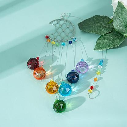 Crystals Chandelier Suncatchers Prisms Chakra Hanging Pendant, with Iron Cable Chains & Links, Glass Beads and Rhinestone, Moon