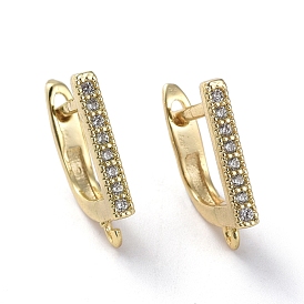 Brass Micro Pave Cubic Zirconia Hoop Earring Findings with Latch Back Closure, with Horizontal Loop, Clear