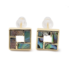 Natural Paua Shell Square Stud Earrings, Brass Earrings with 925 Sterling Silver Pins