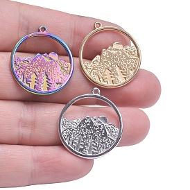 Stainless Steel Pendants, Flat Round with Mountain Charms