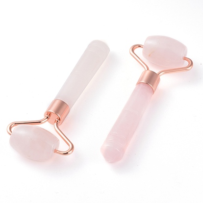 Natural Rose Quartz Massage Tools, Facial Rollers, with Brass Findings, Rose Gold
