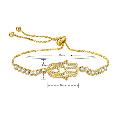 SHEGRACE Brass Bolo Bracelets, Slider Bracelets, with Grade AAA Cubic Zirconia, Hamsa Hand/Hand of Fatima/Hand of Miriam