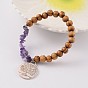 Round Wood Beaded Stretch Bracelets, with Gemstone Chips Beads and Tree of Life Alloy Pendants, 60mm