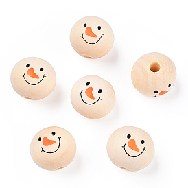 Perles en bois naturel non fini, perles rondes en bois à imprimé visage souriant