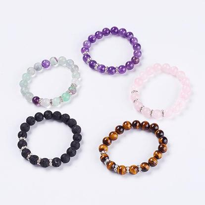 Gemstone Stretch Bracelets, with Rhinestone Spacer Beads
