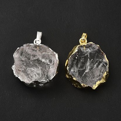 Natural Quartz Crystal Pendants, Rock Crystal Pendants, Flower Charms, with Rack Plating Brass Findings